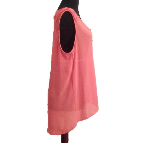 Charming Charlie Size L Top Womens Sleeveless Button Up Coral Sheer Hi Low Hem - Picture 5 of 9